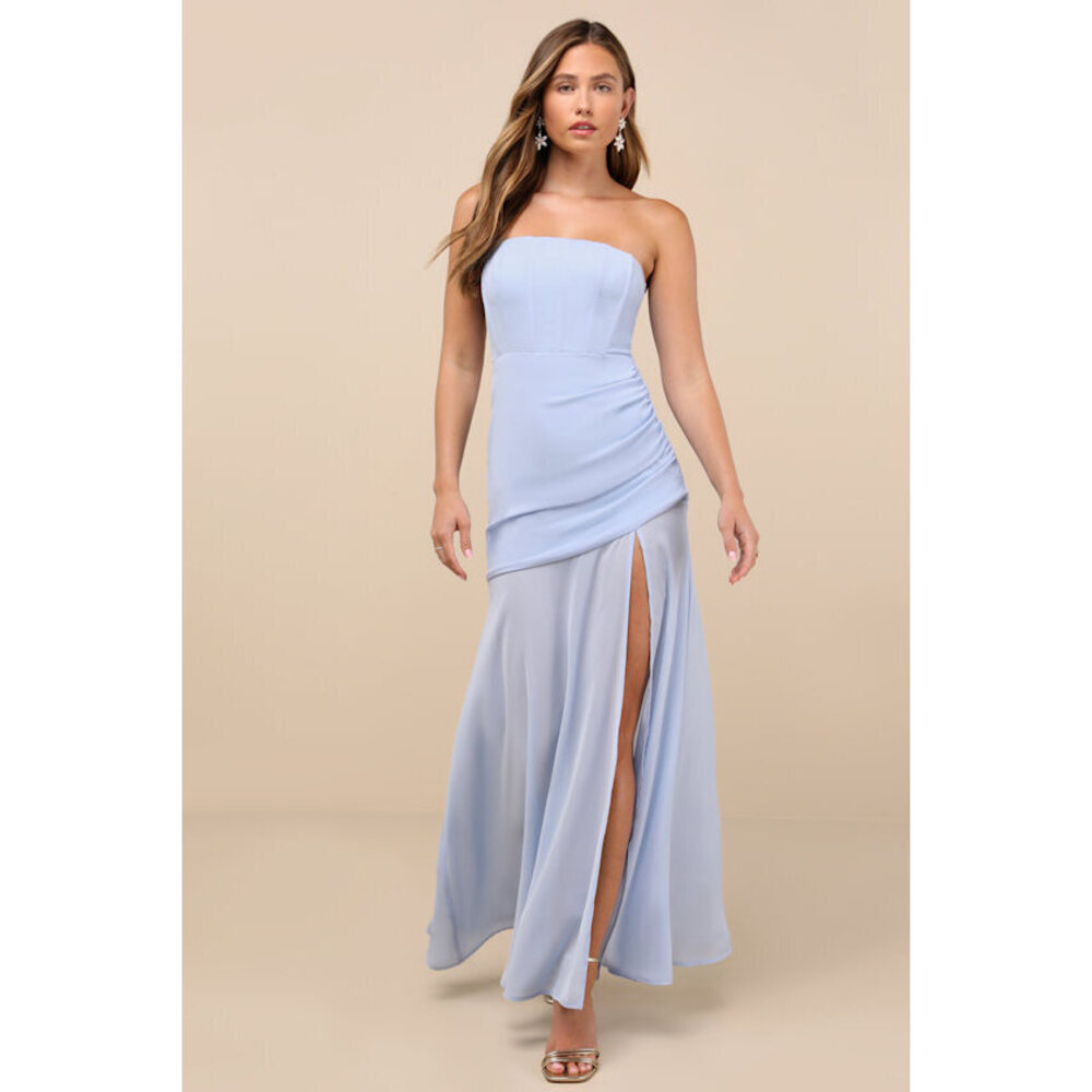 Lulus Ulyana Light Blue Mixed Media Strapless Maxi Dress